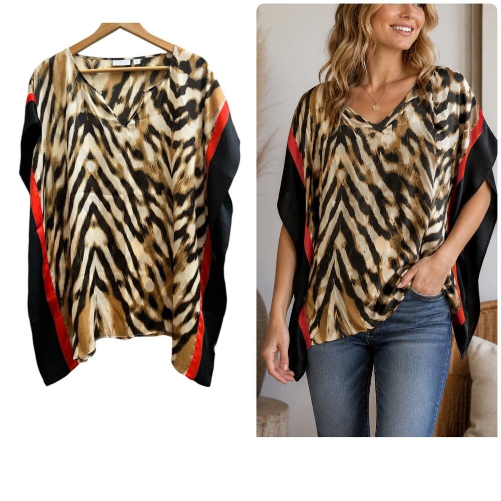 Artsy Boho Semi Sheer Animal Print Chiffon Tunic Poncho Layering Top Medium
